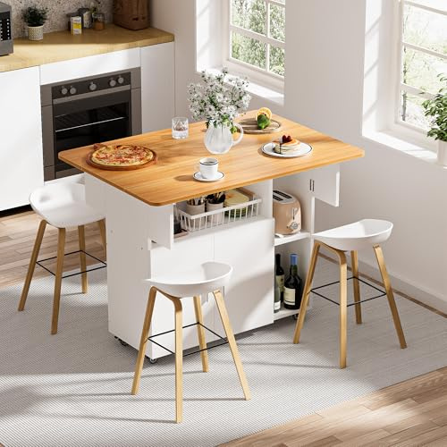 Ztexkee Table à Manger Pliante, Mobile Table de Cuisine avec roulettes pour 6 Personnes avec 1 Grande Armoire et 3 Compartiment, pour Petits espaces, Salle à Manger, 100 x 70 x 79 cm Orange et Blanc