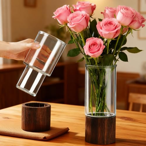 Jarrón moderno de cristal con base de madera, altura de 25 cm, recipiente para plantas para el hogar, oficina, decoración, regalo para bodas, fiestas de inauguración de la casa