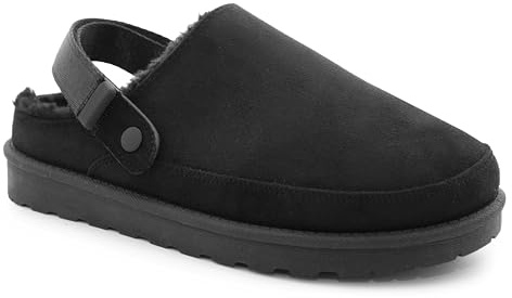 Womens Warm Slippers Faux Fur Lined Clogs Adjustable Strap Slip On Mules Ladies Faux Suede Winter Cosy Indoor House Shoes (Black, 6, UK Footwear Size System, Adult, Women, Numeric, Medium, 6)