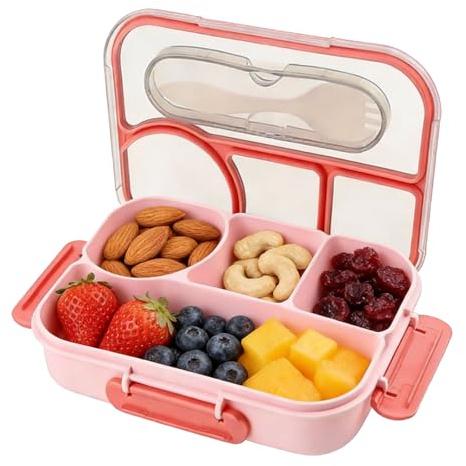 Floruvia 1100ml Caja Bento para Adultos, 4 Compartimentos Fiambrera, Contenedor de Aperitivos, Fiambrera Reutilizable, Resistente a Caídas, Apta para Lavavajillas y Libre de BPA (Rosa)