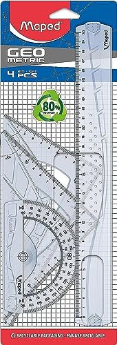 Maped - Kit Géométrie 4 en 1 - Règle 30 cm + Équerre Scolaire 60°/21 cm + Équerre Scolaire 45°/21 cm + Rapporteur 180° / 12 cm - Set de Traçage Rigide Transparent