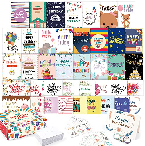 feela Birthday Cards Bulk, 80 Pack 40 Designs Happy Birthday Card Assortment Box with 80 Blank Envelopes 84 Pieces of Stickers 3 Washi Tapes, 4 X 6 Inches Greeting Cards (40 Pack X2)