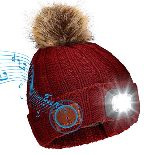 Achort Bonnet sans Fil Bluetooth avec Lampe Frontale 4 LED Rechargeable par USB V5.0 - Doublure Polaire - Haut-parleurs stéréo intégrés et Micro - pour Femme - Course à Pied, Ski, Camping, Cyclisme
