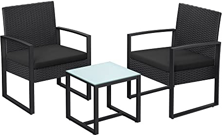 SONGMICS Balkonmöbel, Gartenmöbel-Set, aus PE-Polyrattan, Lounge-Set, Tisch und 2 Stühle, Terrassenmöbel, einfache Montage, Outdoor, für Terrasse, Balkon, Garten, schwarz GGF010B05