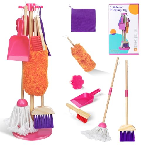Gadhra Wooden Toy Cleaning Set ,8Pcs Kids Cleaning Set, Includes Broom, Dustpan, Brush, Mop, Duster, Sponge, Rag and Hanging Stand, Pretend Play Children House Cleaning Toys for Toddlers