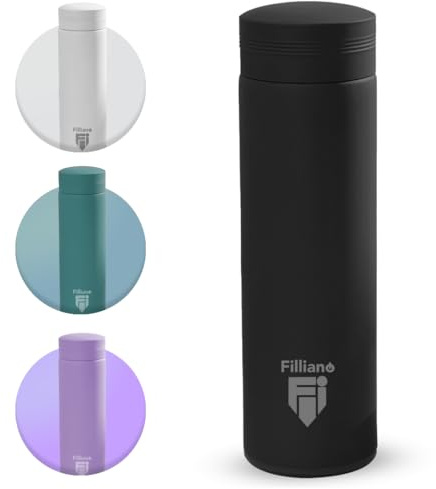 Filliano Borraccia termica 500ml isolata in acciaio inossidabile, Bottiglia termica per sport scuola viaggio palestra, Borraccia motivazionale , Thermos per bevande freddo caldo con infusore (Nero)