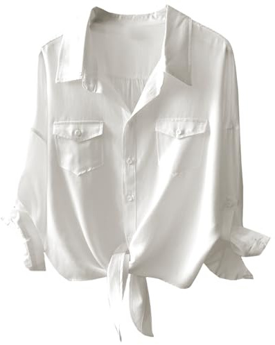 Womens Button Down Shirt V Neck Tie Front 3/4 Sleeve Office Shirt Business Date Blouse Tops