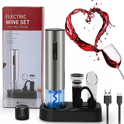 ZOYIDOUX Tire bouchon electrique rechargeable 7 en 1 Coffret Cadeau,Ouvre Bouteille en Inox avec base de rangement,Coupe-capsule,Aérateur de Vin,Bouchon en silicone sous vide,Bouchon de vin,Câble USB