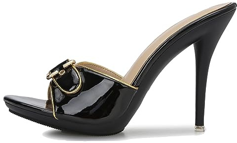 Hanfike – Sandales à talons hauts à enfiler pour femmes avec boucle, sans dos, à glissière, élégantes, modèle M004 Noir (bord doré) US 10,5