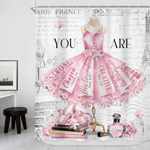 Riyidecor Ballet Pink Girls Shower Curtain 60Wx72H Inch Fashion Girly Dress Paris Modern Ballerina Motivational Quote Flower Perfume Book Bathroom Decor Fabric Polyester Waterproof 12 Pack Hooks