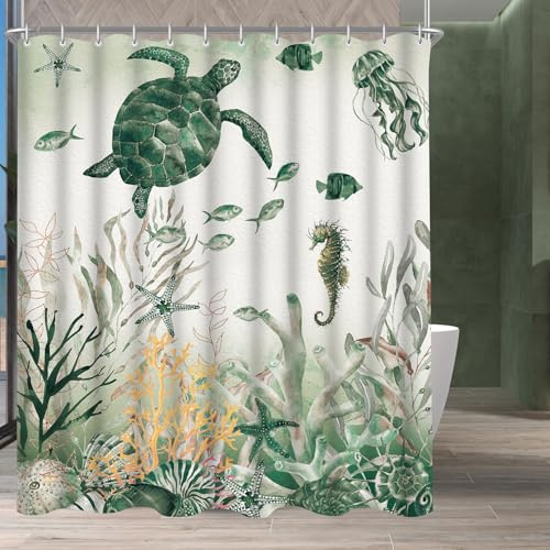 Lerores Duschvorhang 240x200cm, Meeresschildkröte Antischimmel Textil, Beschwerter Saum Wasserabweisend, Waschbar Polyester Badevorhänge mit 16 Ösen und Duschvorhangringe für Badezimmer, Badewanne