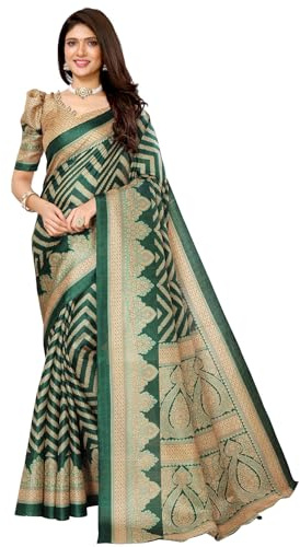 BishtHub Fashion Sari De Seda Artística Kalamkari Estilo Bollywood Para Mujer Con Pieza De Blusa Sin Coser -(BINDU GREEN)