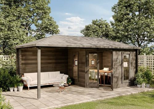 Alpholz 5-Eck Gartenhaus Liwa Gartenhaus aus Holz in Grau, Holzhaus mit 40 mm Wandstärke inklusive Terrasse, Blockbohlenhaus mit Montagematerial