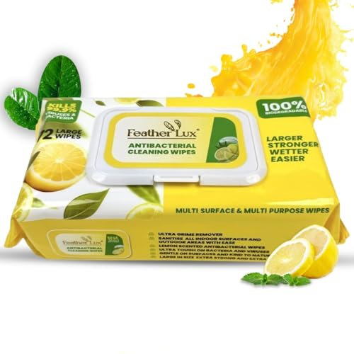 Feather Lux Antibacterial Wipes - 72 Lemon Scented Wet wipes | Multi-Purpose Cleaning Wipe for Hands, Surfaces & Bath Tubs | Perfect for Cleaning and Germ Protection