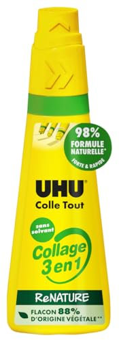 UHU Collage 3 en 1 ReNATURE- Colle liquide, universelle, sans solvant, rechargeable, transparente, flacon 90ml
