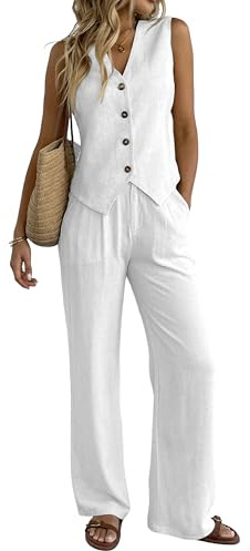 Fakanhui Conjunto de ropa de verano de 2 piezas para mujer, de lino, pantalones de pierna ancha, ropa de negocios, ocio, vacaciones, conjuntos de trabajo, Jardín Blanco/Opulento, S