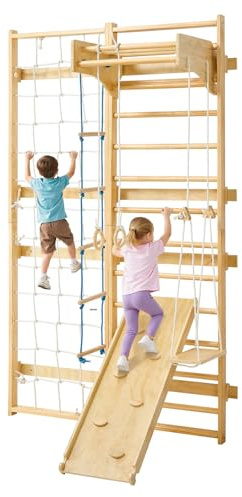 VEVOR Swedish Ladder Wall Gym, 8-in-1 12-Level Solid Wood Gymnastic Stall Bars for Kids Adults, 220LBS Indoor Jungle Gym Playset with Climbing Board, Gym Rings, Pull-Up Bar, Wall Ladder, Slide, Swing