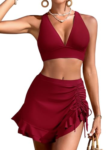Vijamiy Costume Donna Due Pezzi Vita Alta Bikini con Gonna Sexy Scollo a V Costumi da Bagno Imbottito Piscina sulla Spiaggia (Rosso Bordeaux,S)