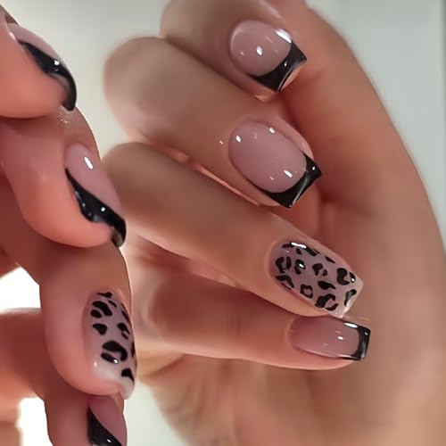 Viugex 24 stycken korta rektangulära nude rosa press-on naglar med svart leopard fransk akryl falska ballerina-naglar konstgjorda naglar för kvinnor flickor nagelkonst