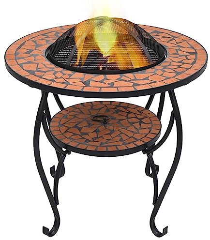 Mangloder - Mesa de fuego con mosaico de cerámica (68 cm, acero con protección contra chispas, estructura de cuatro patas, para jardín, terraza, leña, calor, llama, decoración y barbacoas)