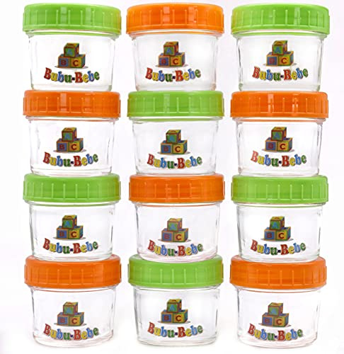 Glass Baby Food Storage Containers - Glass Puree Jars - 4oz Baby Food Jars -Leakproof and Airtight Lids -12 pcs Baby Jars with Labels, Marker and Cleaning Brush – Non-BPA and Safe Materials