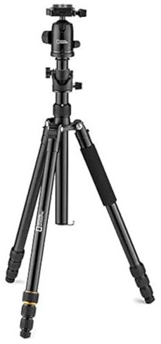 NATIONAL GEOGRAPHIC Kit treppiede da viaggio, colonna a 90°, 4 sezioni, in alluminio leggero, compatibile con Canon, Nikon, Sony DSLR, testa a sfera a 360 gradi, piastra a sgancio rapido, capacità di