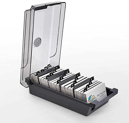 Senbaler Groß Visitenkartenbox Transparent,Business Card Box mit 4 Teilerplatinen und A-Z-Index-Registerkarten,500 Visitenkarten Aufbewahrungsbox (Grau)