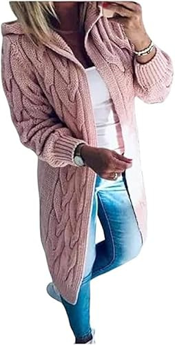 Womens Chunky Cable Knitted Hooded Cardigan Ladies Oversized Long Sleeve Hoodie Long Cardigan Pink