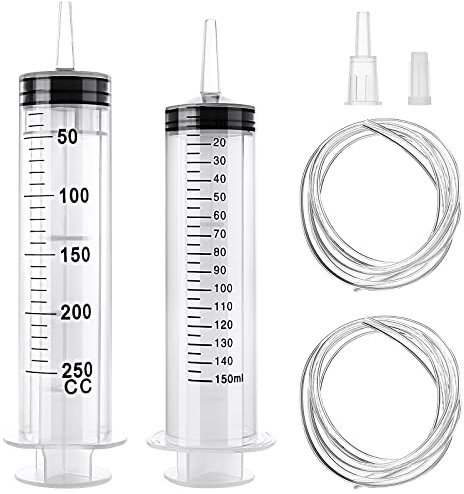 Large Syringe, 150ml+250ml Reusable Liquid Syringe with 2pcs 1m Catheter, Plastic Measuring Tools Oil or Glue Applicator for Laboratory, Industry, Garden, Pet Feeding (150ml+250ml)