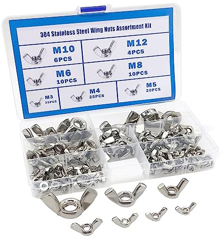 Hooshing 100PCS Wing Nuts Assorted Kit M3 M4 M5 M6 M8 M10 M12 304 Stainless Steel Wing Nuts Fasteners Parts Butterfly Nut