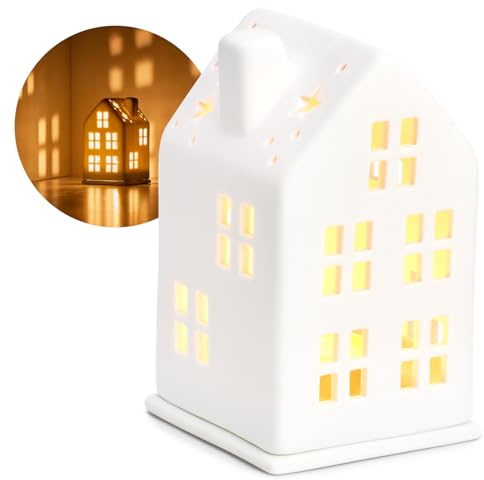COM-FOUR® Casa de Luz de Té de Porcelana, Casa de Porcelana Mate con Base
