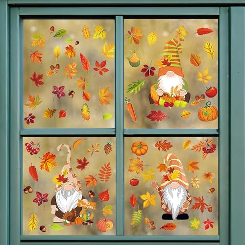 LMSHOWOWO 93PCS Autumn Window Stickers, Fall Maple Leaves Window Static Clings, Removable Reusable Double-Sided Thanksgiving Glass Decals, for Harvest Home Party Halloween Autumn Decorations