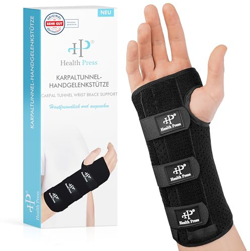 Health Press® Karpaltunnel Bandagen – 1x Karpaltunnel-Handgelenkstütze mit Metallschienen – Karpaltunnelsyndrom Schiene zur Unterstützung, Stabilisierung, Immobilisierung (M, Rechts)