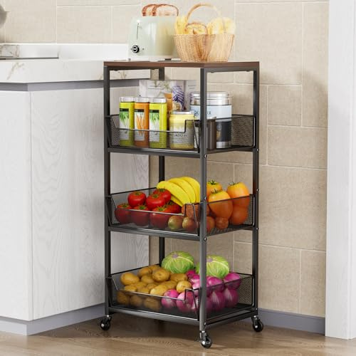 HapiRm Fruit Basket Kitchen Cart - 4-Tier Vegetable Storage Rack with Wheels, Kitchen Storage Trolley with Wood Top, Veg Fruits Organiser for Fruit Potato Onion Vegetable Bread Snack, Tools Storage