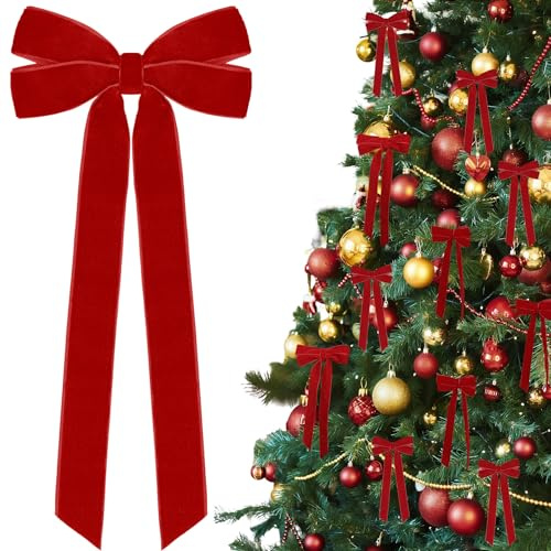 12Pcs Red Velvet Ribbon Bows Christmas Tree Decorations,5in x 10in Xmas Ornaments for Tree Home Party Front Door Wreath Holiday Decor