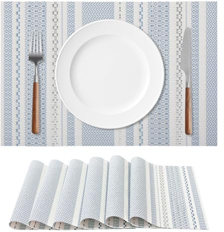 FAVE Juego de 6 manteles individuales de vinilo tejido bohemio de color azul, duraderos, lavables, resistentes al calor, para fiestas, bodas, restaurantes, decoración del hogar (azul, 6 piezas)