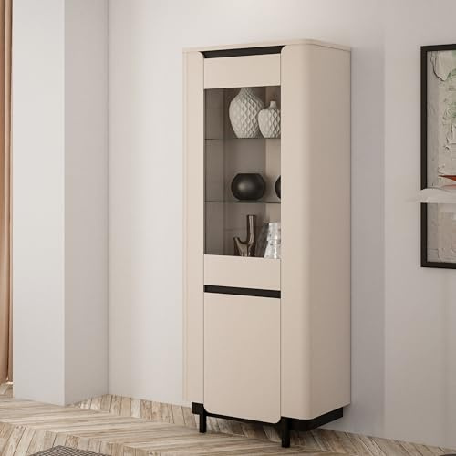 Forte VODOL Vitrinenschrank 70 80, Moderne Vitrine mit Glastür und abgerundetem Eckendesign, Holzwerkstoff, Kaschmir|Beige, 75,6 cm breit x 196,3 cm hoch x 44,8 cm tief