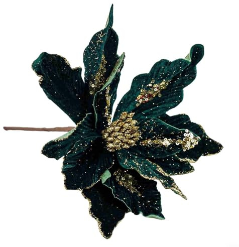 Fiore di Natale artificiale in tessuto, stella di Natale glitterata, per matrimoni, albero di Natale, Capodanno, decorazioni per ghirlande di Natale (verde scuro)