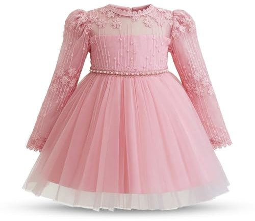 NNJXD Baby Girl Flower Embroidery Fall Long Sleeve Dress Toddler Birthday Party Princess Tulle Dresses 2194 Pink 2-3 Years
