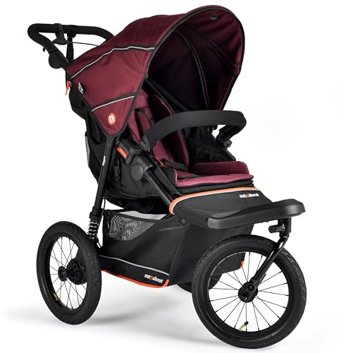 Out'n'About Nipper V6 Plus Certified Running Pushchair with Raincover, Lightweight All-Terrain 3 Wheel Jogging Buggy, 14” Air Tyres, One Hand Compact Fold Stroller, Newborn to 4yrs (Brambleberry Red)