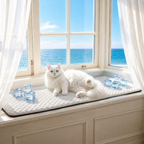 Pet Prime Coussin Rebord fenêtre pour Chat, lit de fenêtre pour Chat, Tapis rafraîchissant, 2 Housses Amovibles (Filet & Peluche) Douces et lavables, Base antidérapante, Repos Tranquille, 90 × 29 cm