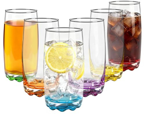 Vinsani Set of 6 Multicolour Highball Glass Tumblers – Tall Drinking Glasses – Durable Soda-Lime Glass for Cocktails, Gin, Tonic, Water & Soft Drinks (310, Millilitres)