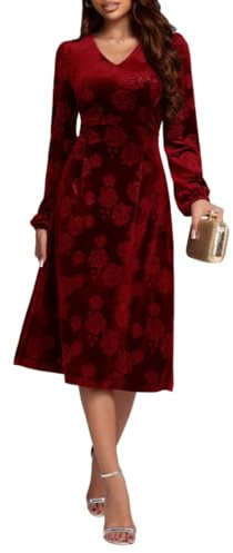 ORANDESIGNE Robe Velours Femme Longue Élégante Fleurs Robe de Soirée Cocktail Manche Longue Midi Robes Col V Hiver Fête Bal Cérémonie