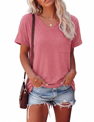 Aottori T Shirt Femme Col V Manches Courtes Ample Poche Poitrine Extensible | Haut Femme, Doux Léger, Respirant Confortable, Chic Élégant, Fluide, Quotidien, Bureau, Voyage, Été