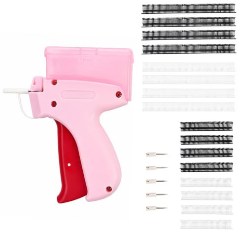Pistolet Étiqueteuse pour Étiquettes de Prix et Vêtements, Pistolet à Étiquettes Textile avec 5 Aiguilles de Rechange et 1200 Fils Paddle, Outil de Marquage pour Vêtements, Couleur Rose