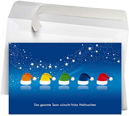 50 Premium Weihnachtskarten mit Umschlag Set für Firmen, hochwertige Klappkarten 19 x 12 cm groß, Team bunte Mützen blau