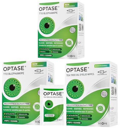 Optase Tea Tree Oil Eyelid Cleansing Wipes - Daily Hygiene & Relief from Blepharitis, Tired and Dry Eyes - 3x20 Pack