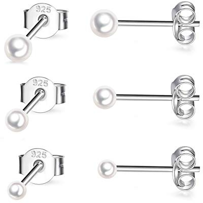 CERSLIMO 3 Pairs Sterling Silver Stud Earrings Tiny Pearl Stud Earrings for Women Set Cartilage Small Tragus Earrings for Sensitive Ears(2mm,3mm,4mm)