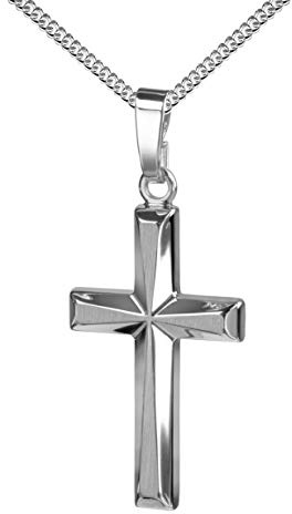 JEVELION Kreuz-Anhänger für Damen, Herren und Kinder in hochglanz poliert mit 3D-Effekt als Kettenanhänger 585 Weissgold mit Schmuck-Etui und Panzerkette