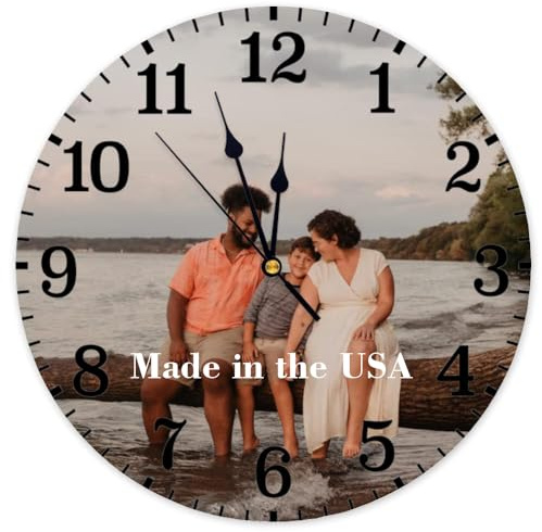 Custom Wall Clock with Picture Image Photo 15 Inch Personalized Rusitc Wooden Clock Farmhouse Home Decor Round Silent Clock Add Your Text Family Name Wedding Anniversary Birthday Gift
